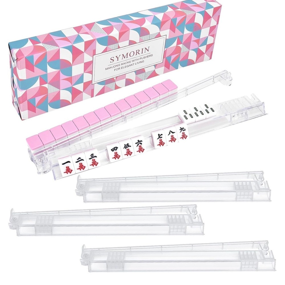 Symorin 4 Pack Clear Acrylic Mahjong Racks with Pushers Non-Slip 17.8in Set - Picture 2 of 6